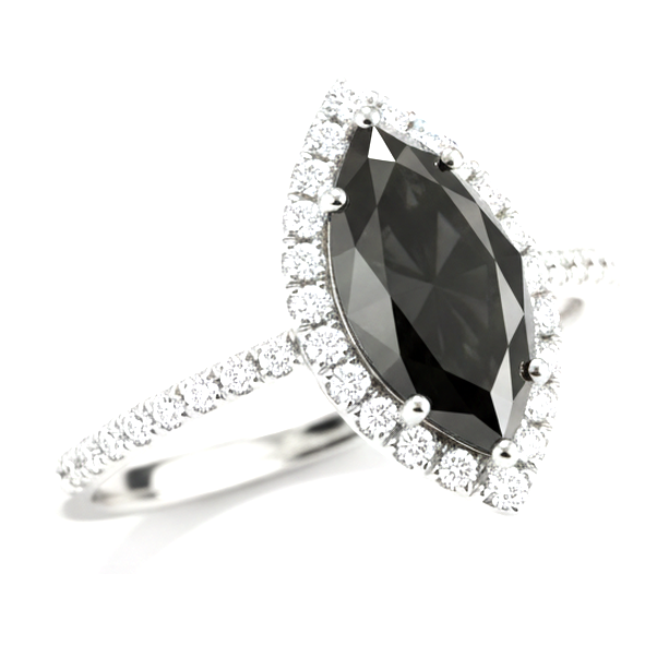 3 Carat Marquise Black Diamond and White Diamond Halo Ring Natural 14K White Gold