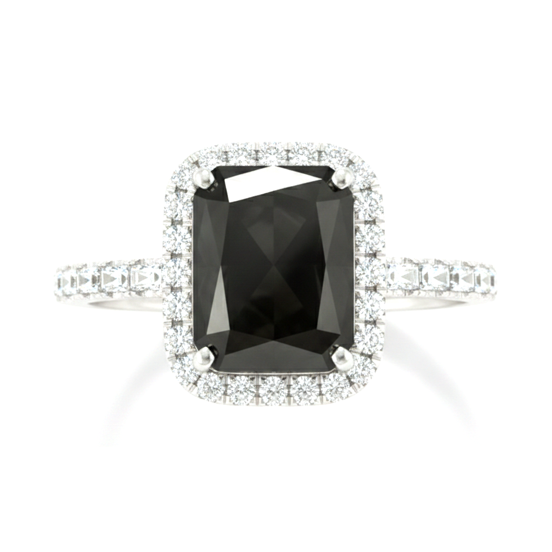 6 Carat Radiant Black Diamond and White Diamond Halo Ring Natural 14K White Gold