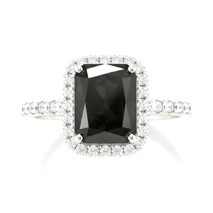6 Carat Radiant Black Diamond and White Diamond Halo Ring Natural 14K White Gold