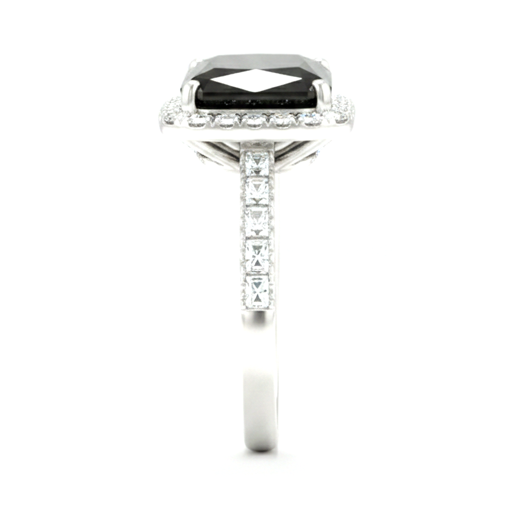 6 Carat Radiant Black Diamond and White Diamond Halo Ring Natural 14K White Gold