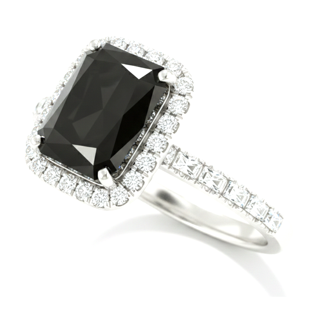 6 Carat Radiant Black Diamond and White Diamond Halo Ring Natural 14K White Gold
