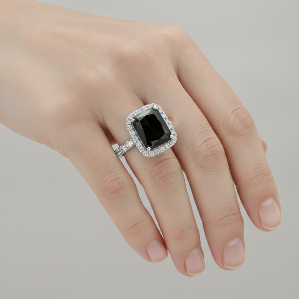6 Carat Radiant Black Diamond and White Diamond Halo Ring Natural 14K White Gold