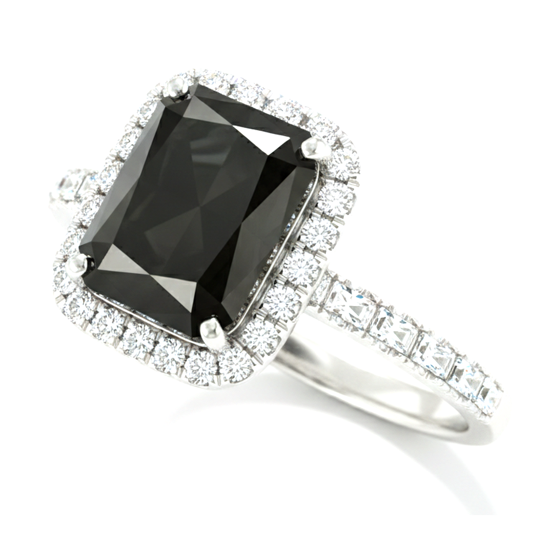 6 Carat Radiant Black Diamond and White Diamond Halo Ring Natural 14K White Gold
