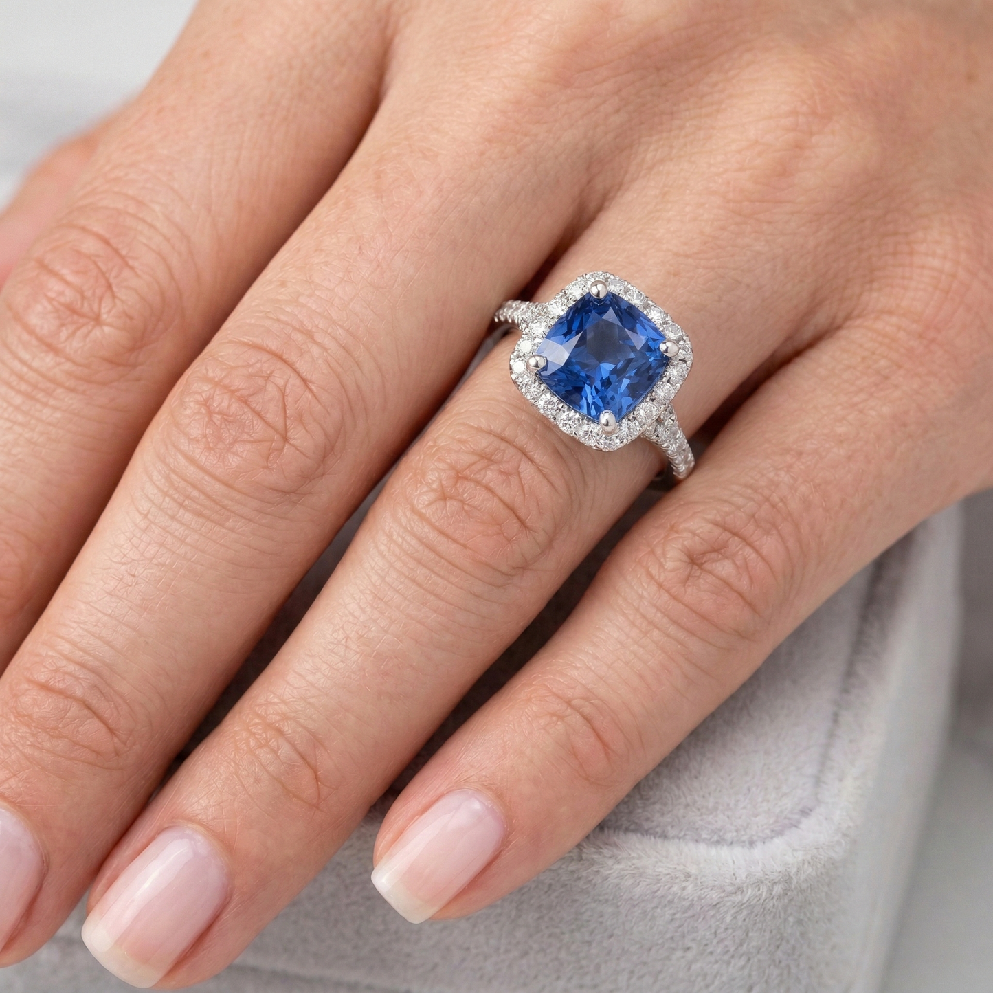 4.10 Ct Cushion Sri Lankan Sapphire And Round Natural Earth Mined Diamonds Ring White Gold