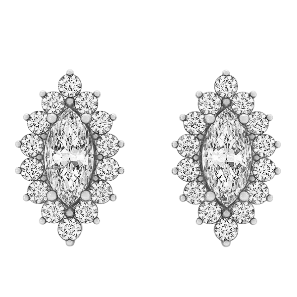 4.20 Carats Marquise And Round Cut Natural Earth Mined Diamonds Studs Earrings Halo WG 14K