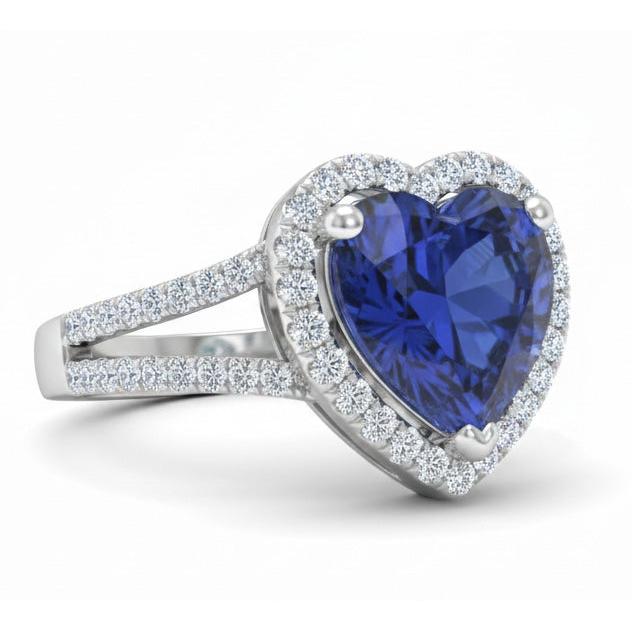 4.45 Ct Blue Heart Cut Sapphire And Natural Earth Mined Diamond Fancy Ring White Gold 14K