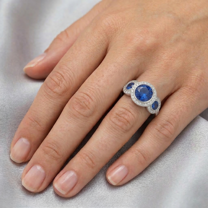 4.50 Carats Ceylon Sapphire Natural Earth Mined Diamonds White Gold 3 Stone Style Ring