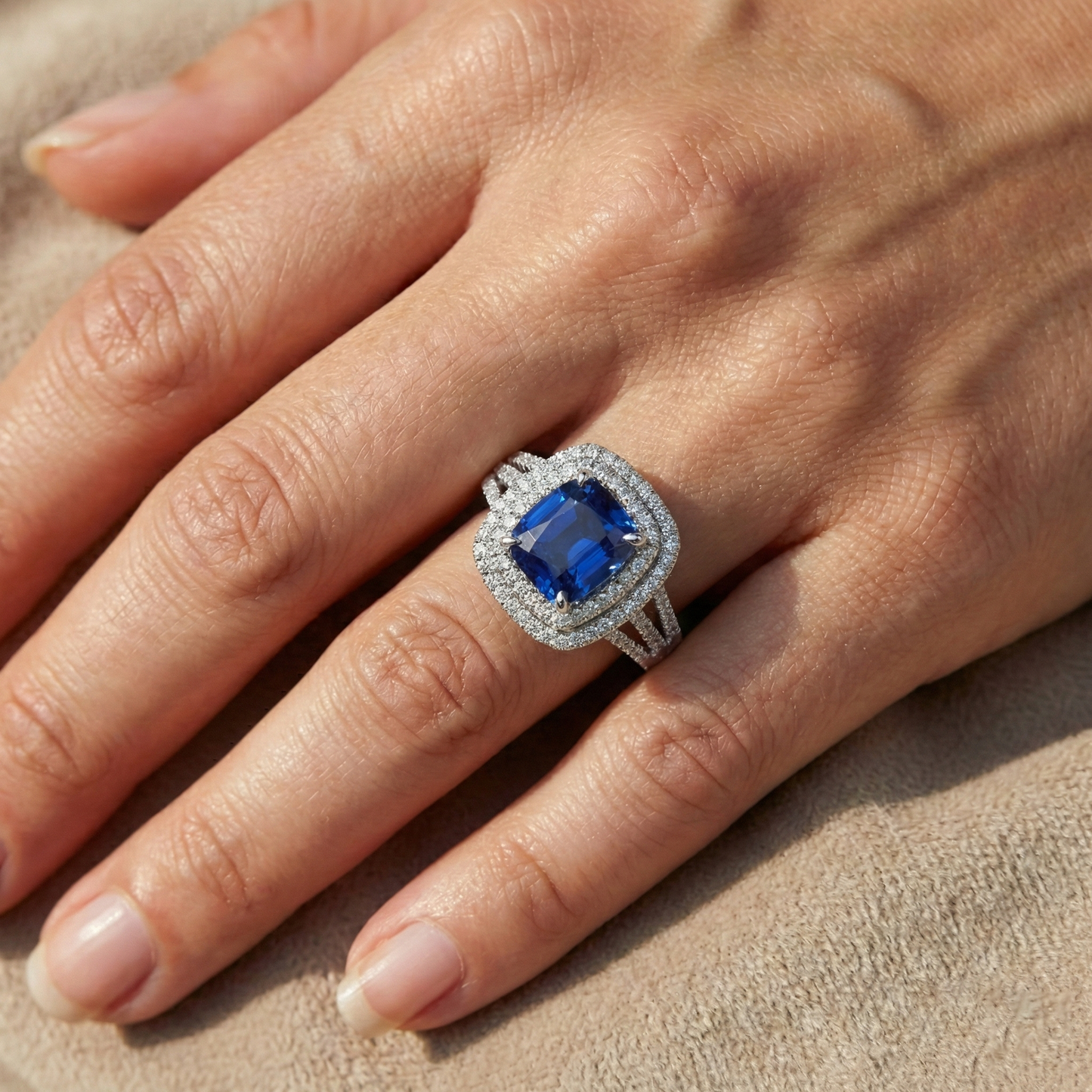 4.51 Ct Cushion Ceylon Blue Sapphire And Round Natural Earth Mined Diamond Engagement Ring