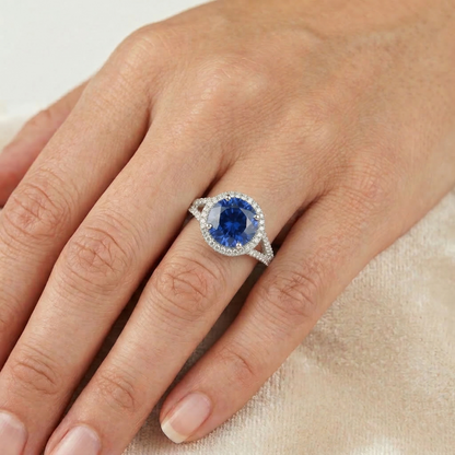 4.51 Ct Round Ceylon Sapphire And Natural Earth Mined Diamonds Ring White Gold 14K