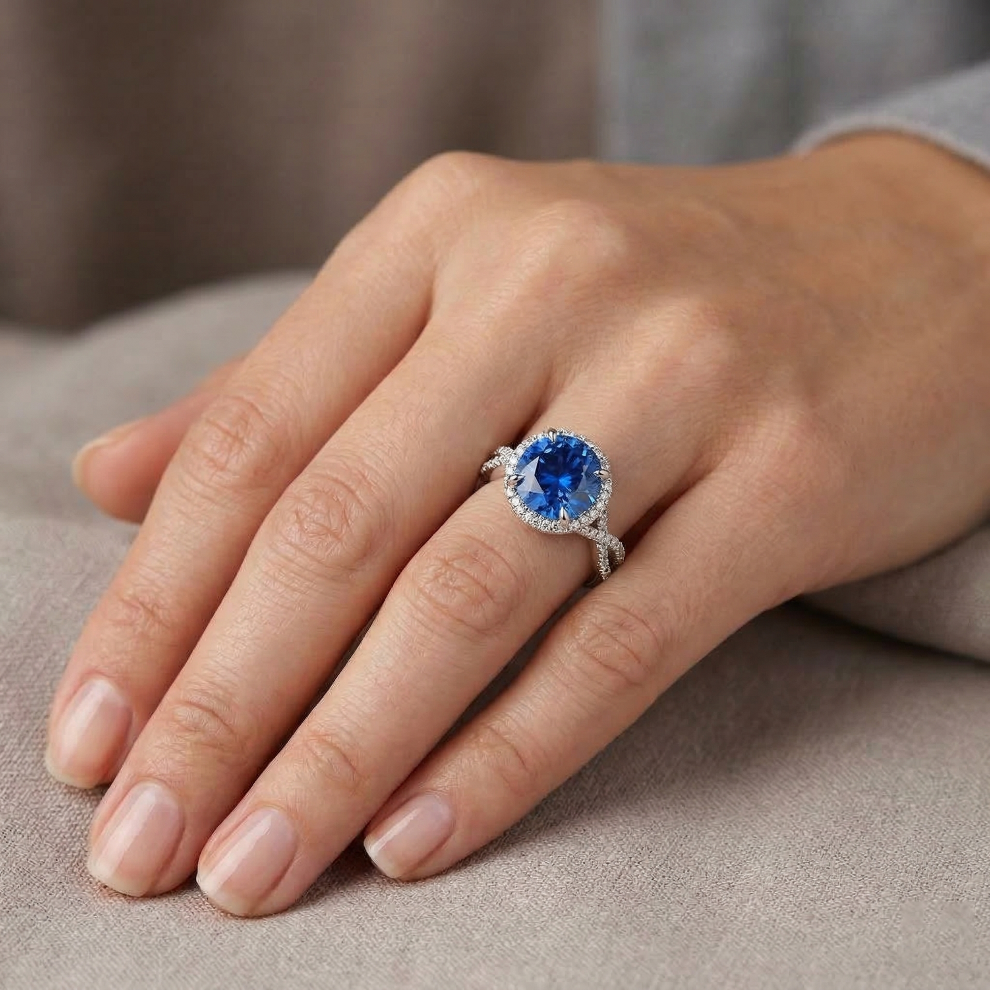 natural round sapphire 4.85ct ring on white background