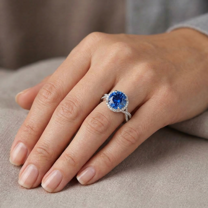 natural round sapphire 4.85ct ring on white background