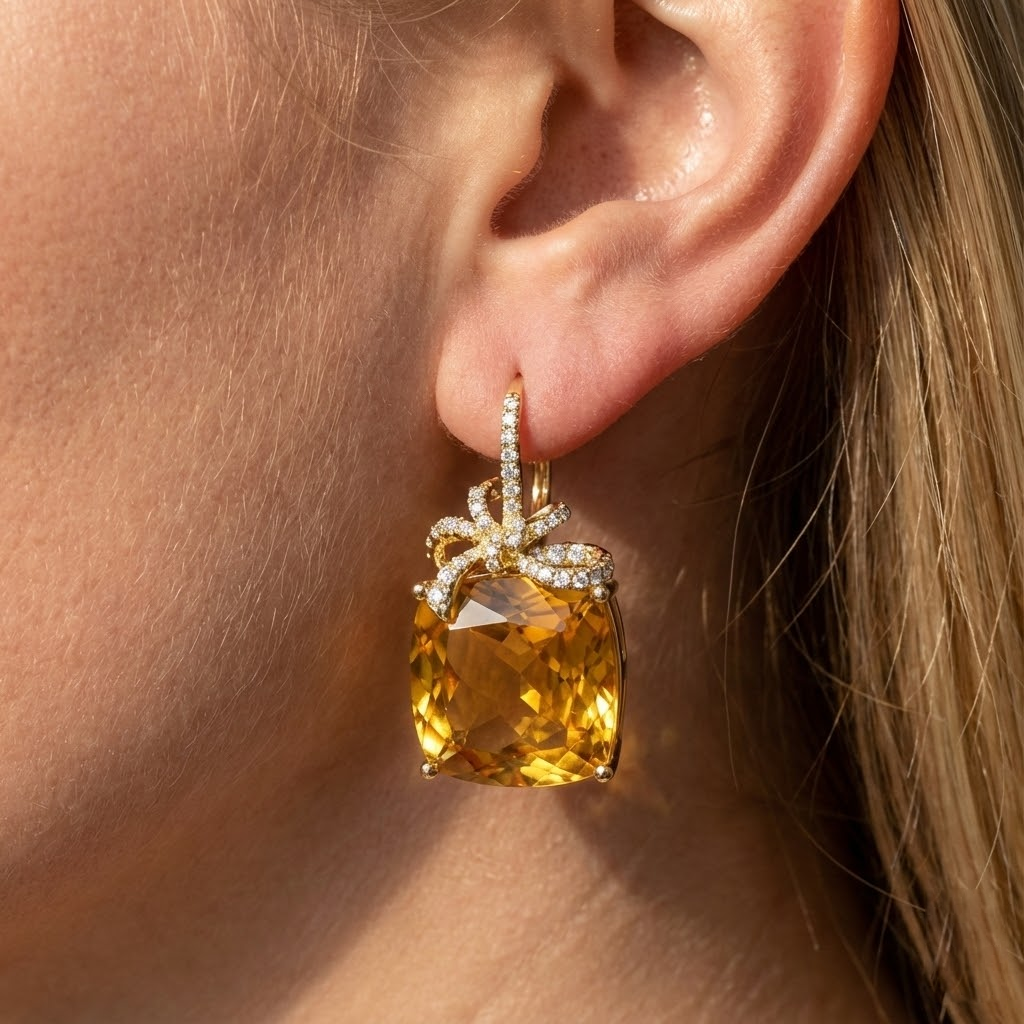 47.60 Ct Madeira Citrine And Natural Earth Mined Diamonds Dangle Earrings White Gold 14K