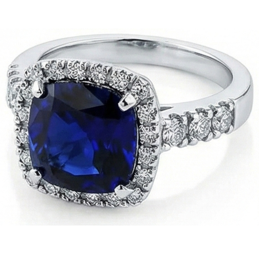 Natural Real ( Not Lab Grown ) 4 Carat Cushion Kashmir Sapphire Engagement Ring