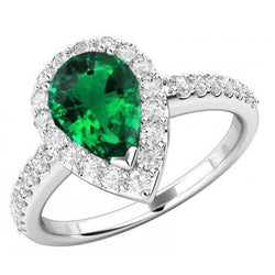 4 Carats Pear Green Emerald & Round Diamond Gemstone Ring White Gold 14K