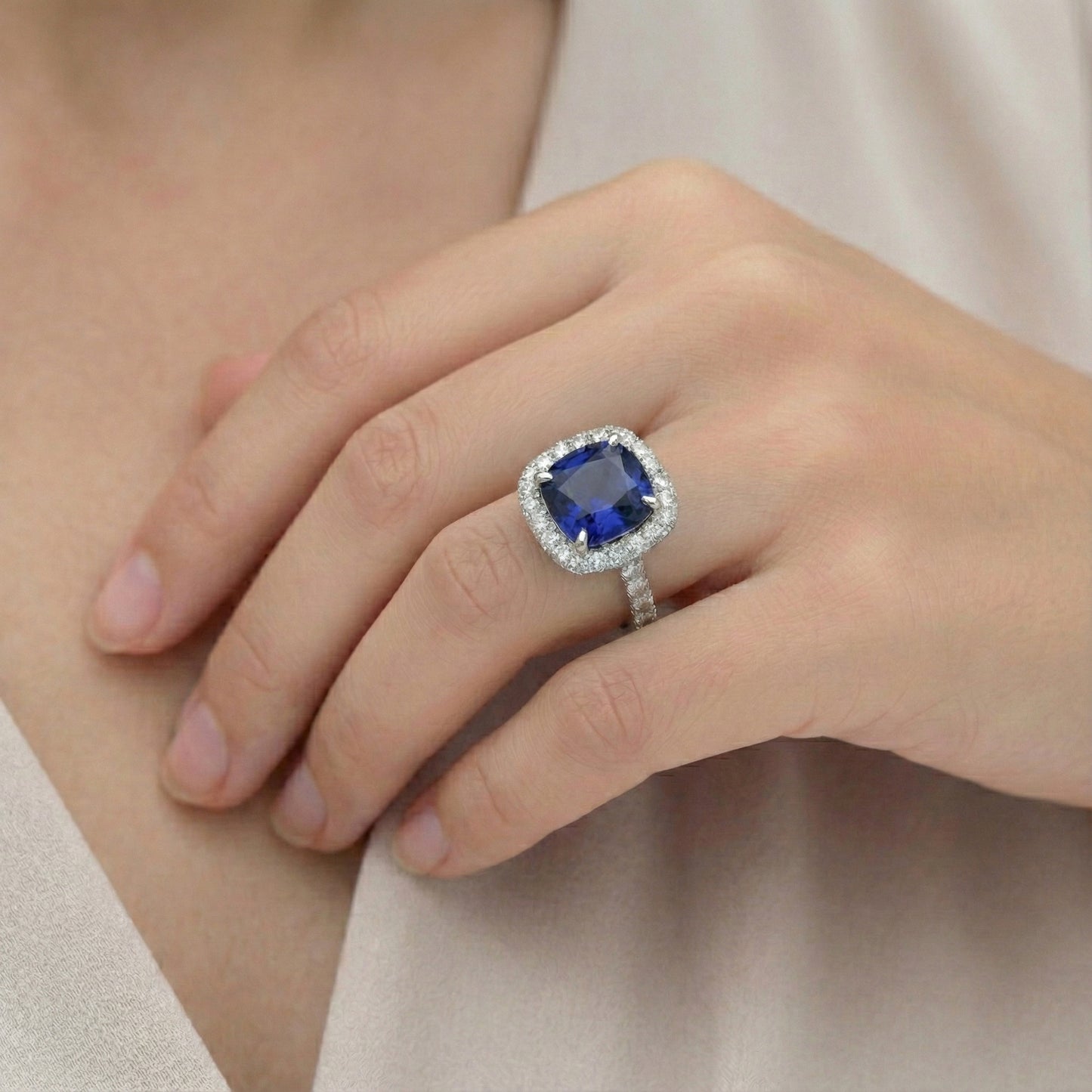 Natural Real ( Not Lab Grown ) 4 Carat Cushion Kashmir Sapphire Engagement Ring
