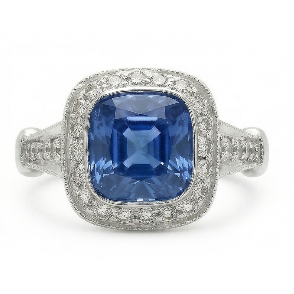 5.01 Carats Blue Sapphire Cushion Halo Natural Earth Mined Diamond Ring Jewelry