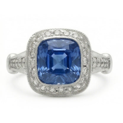 5.01 Carats Blue Sapphire Cushion Halo Natural Earth Mined Diamond Ring Jewelry