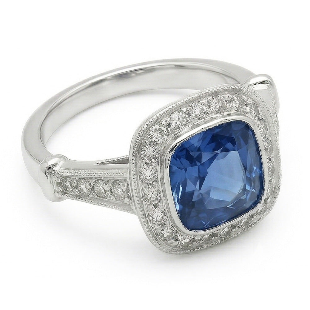 5.01 Carats Blue Sapphire Cushion Halo Natural Earth Mined Diamond Ring Jewelry