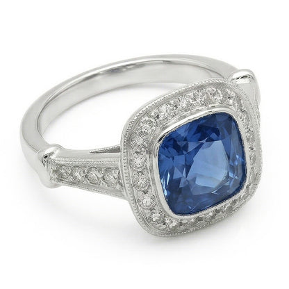 5.01 Carats Blue Sapphire Cushion Halo Natural Earth Mined Diamond Ring Jewelry
