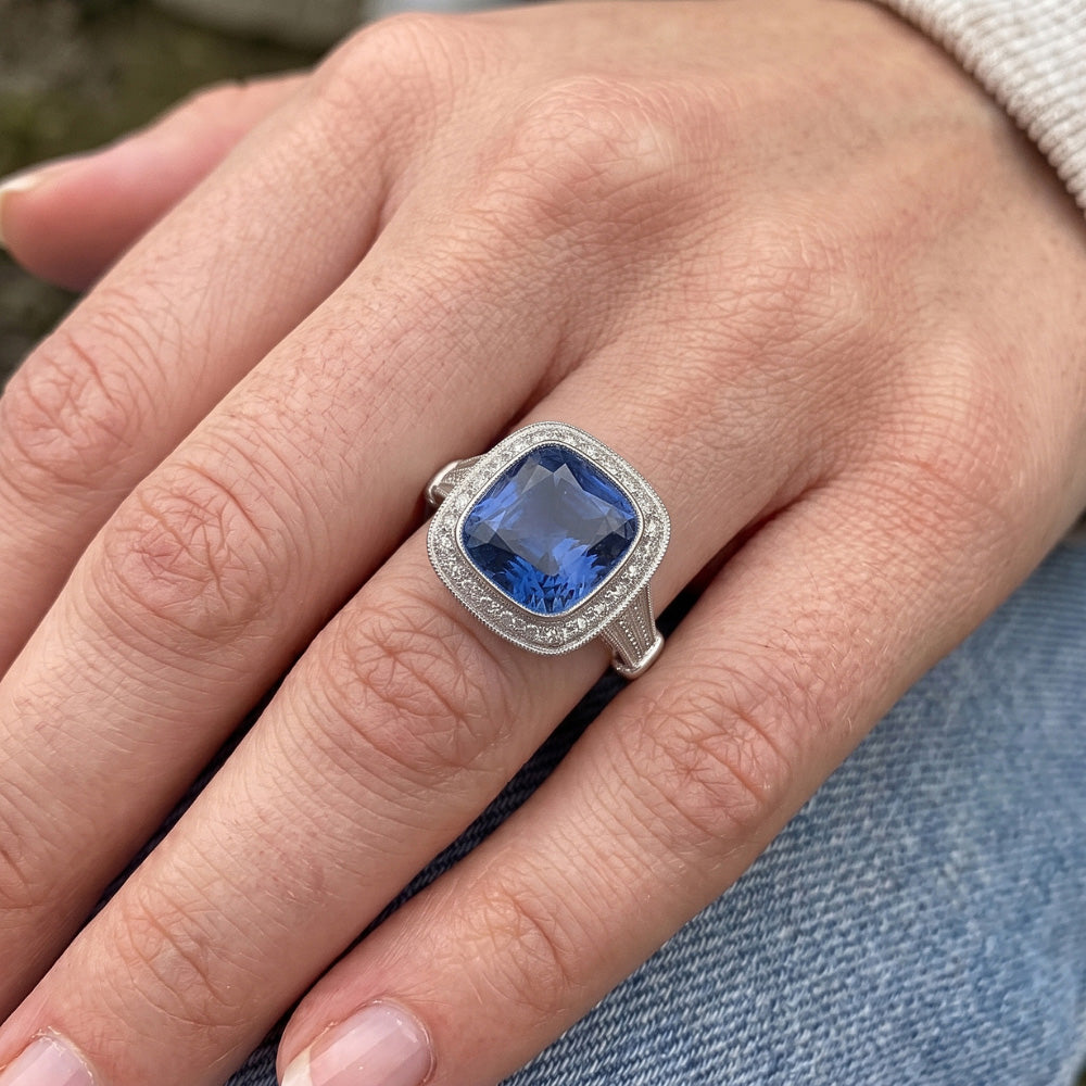 5.01 Carats Blue Sapphire Cushion Halo Natural Earth Mined Diamond Ring Jewelry