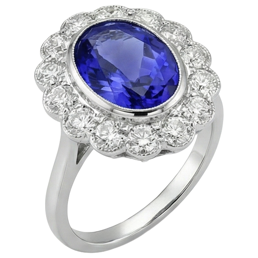 5.15 Ct Oval Bezel Set Tanzanite With Natural Earth Mined Diamonds Ring 14K White Gold