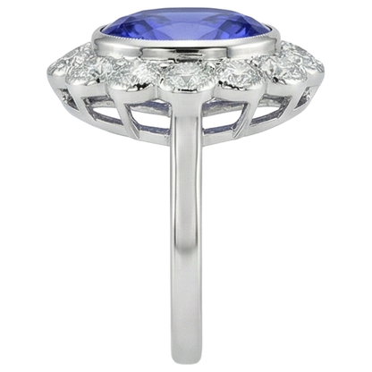5.15 Ct Oval Bezel Set Tanzanite With Natural Earth Mined Diamonds Ring 14K White Gold