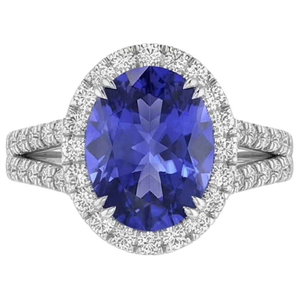 5.25 Ct Blue Tanzanite And Natural Earth Mined Diamonds Ring 14K White Gold