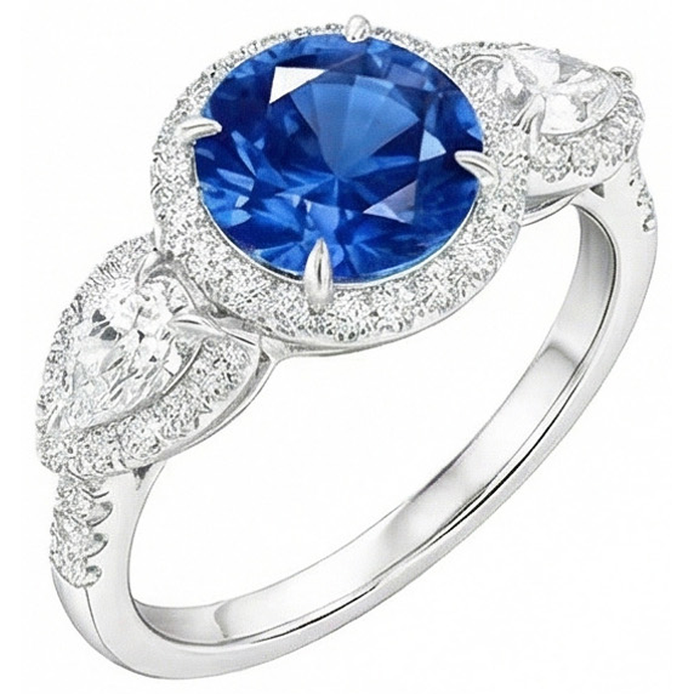 5.30 Ct Pear And Round Ceylon Sapphire Natural Earth Mined Diamonds Ring White Gold 14K
