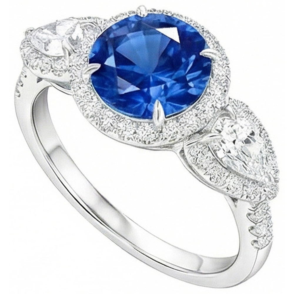 5.30 Ct Pear And Round Ceylon Sapphire Natural Earth Mined Diamonds Ring White Gold 14K