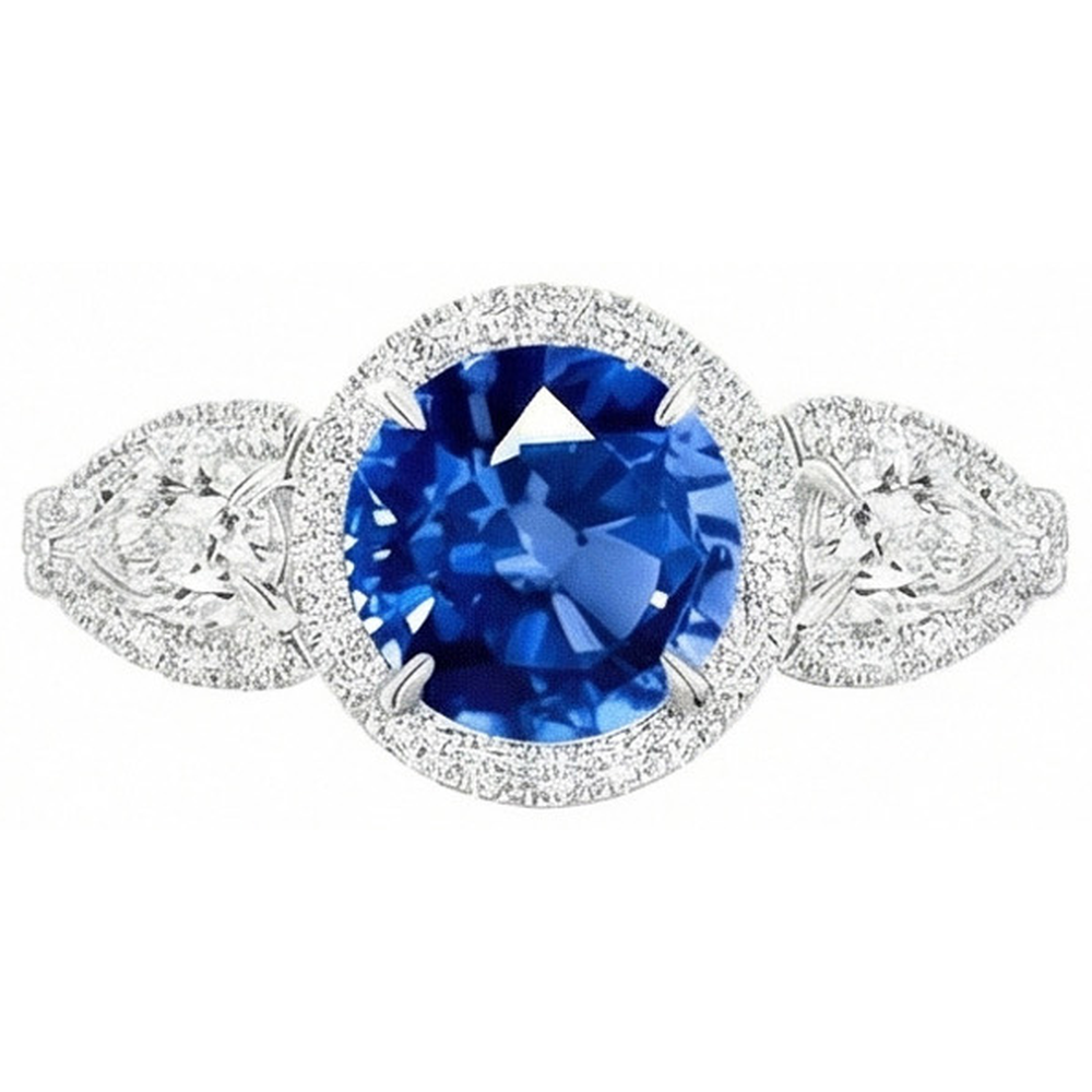 5.30 Ct Pear And Round Ceylon Sapphire Natural Earth Mined Diamonds Ring White Gold 14K