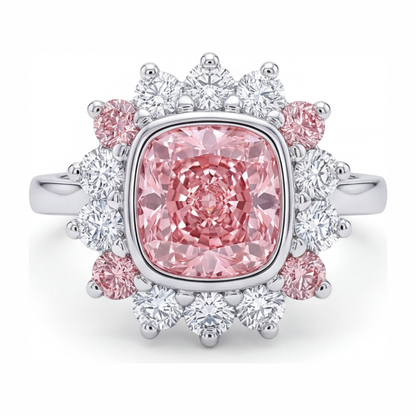 5.5 Carat Cushion Pink Lab Grown Diamond and White Diamond Halo Ring 14K White Gold