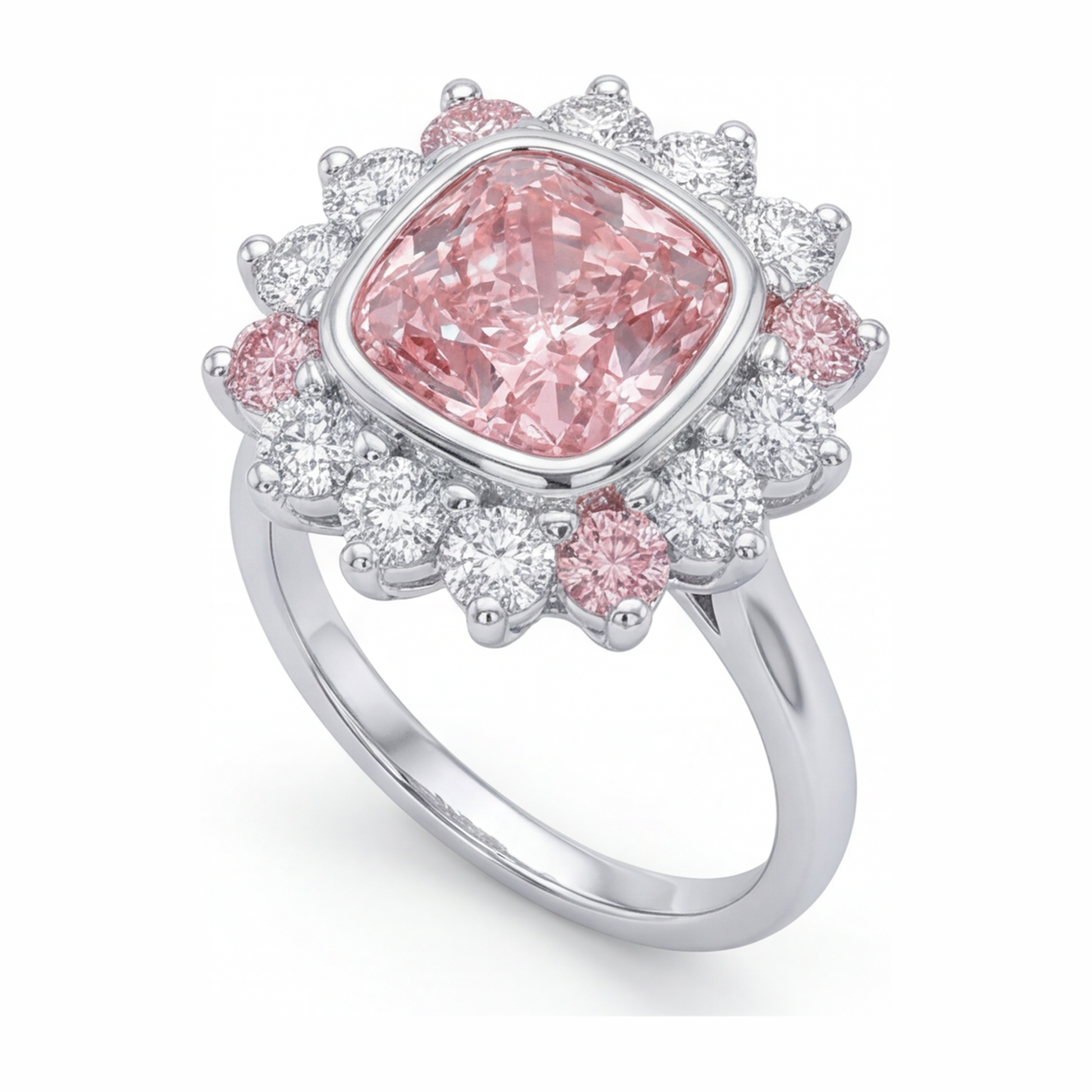 5.5 Carat Cushion Pink Lab Grown Diamond and White Diamond Halo Ring 14K White Gold