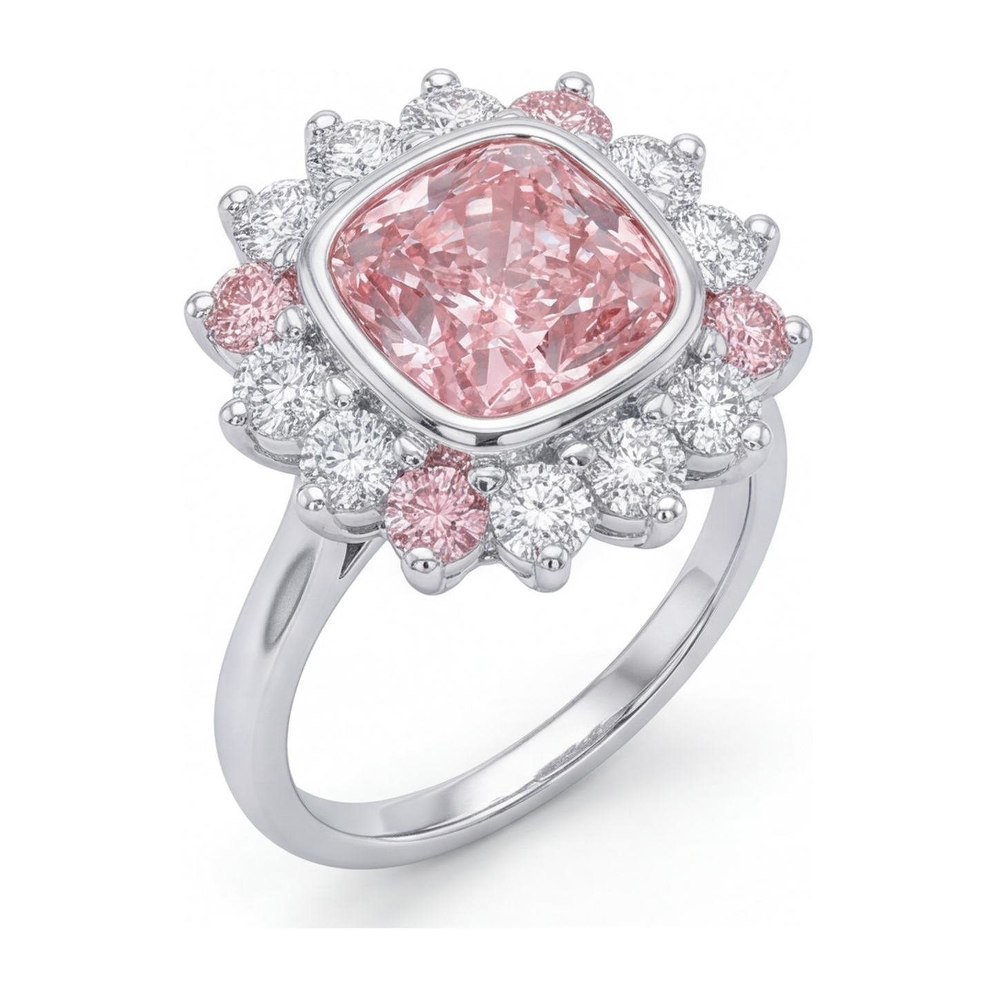 5.5 Carat Cushion Pink Lab Grown Diamond and White Diamond Halo Ring 14K White Gold