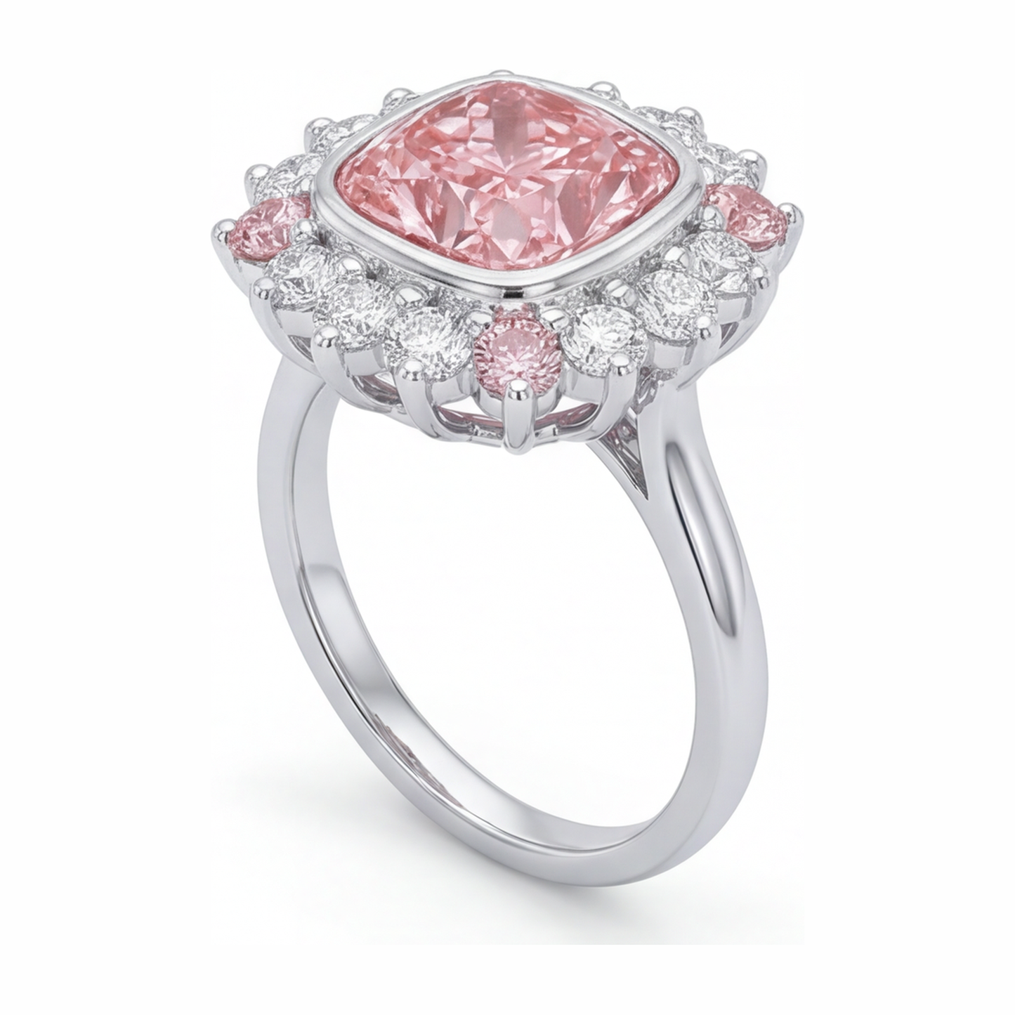 5.5 Carat Cushion Pink Lab Grown Diamond and White Diamond Halo Ring 14K White Gold