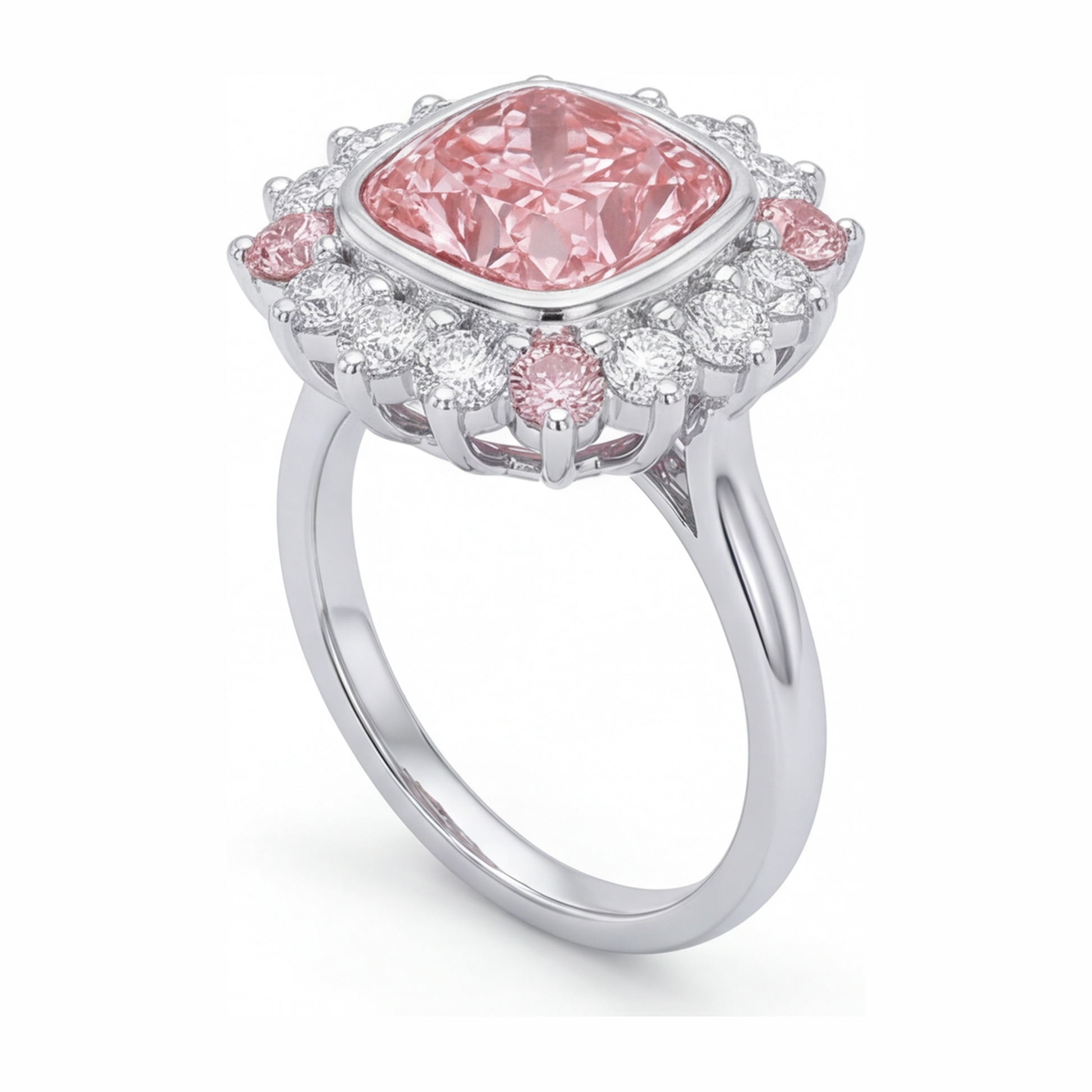 5.5 Carat Cushion Pink Lab Grown Diamond and White Diamond Halo Ring 14K White Gold