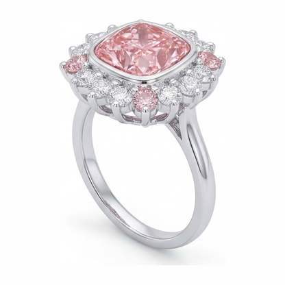 5.5 Carat Cushion Pink Lab Grown Diamond and White Diamond Halo Ring 14K White Gold