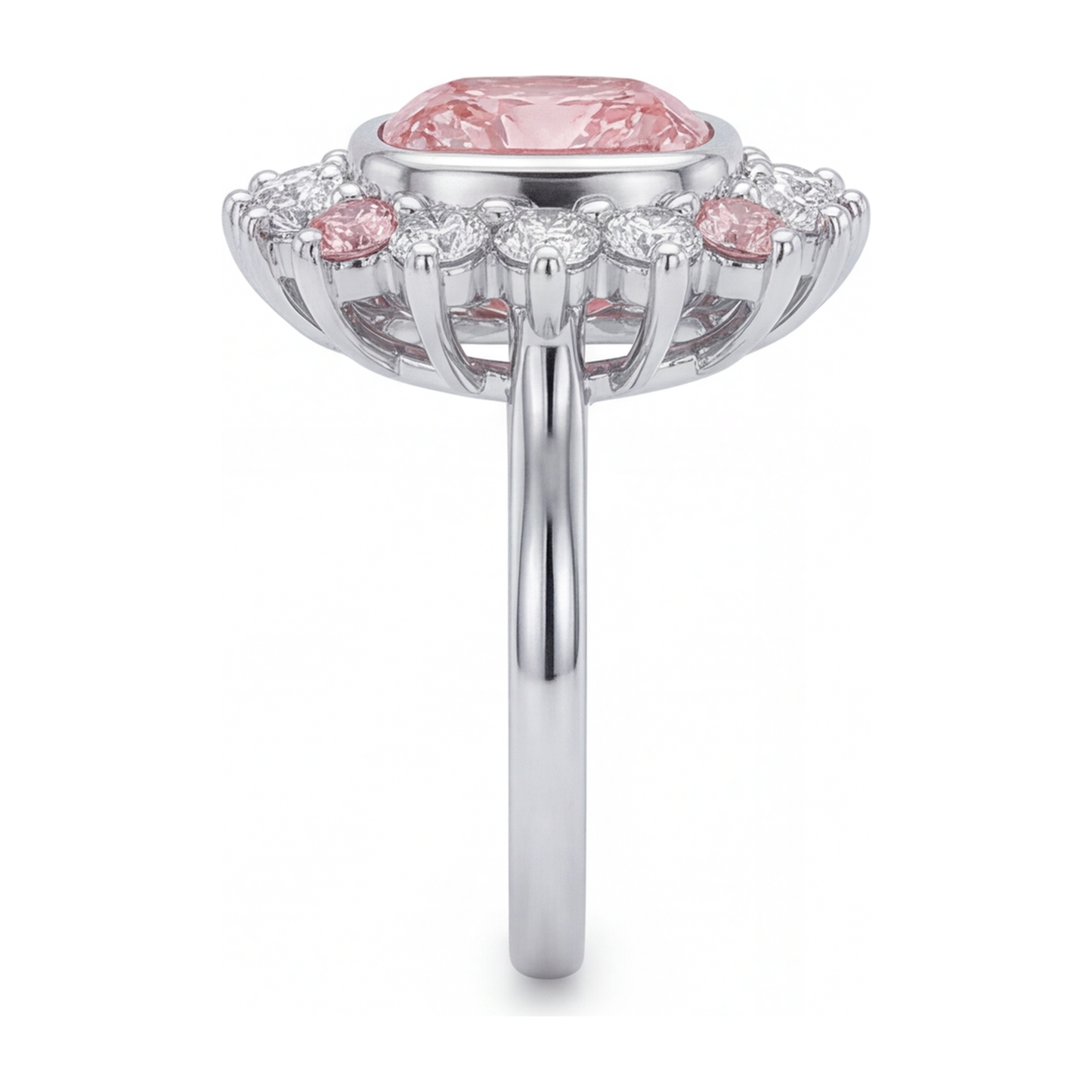 5.5 Carat Cushion Pink Lab Grown Diamond and White Diamond Halo Ring 14K White Gold