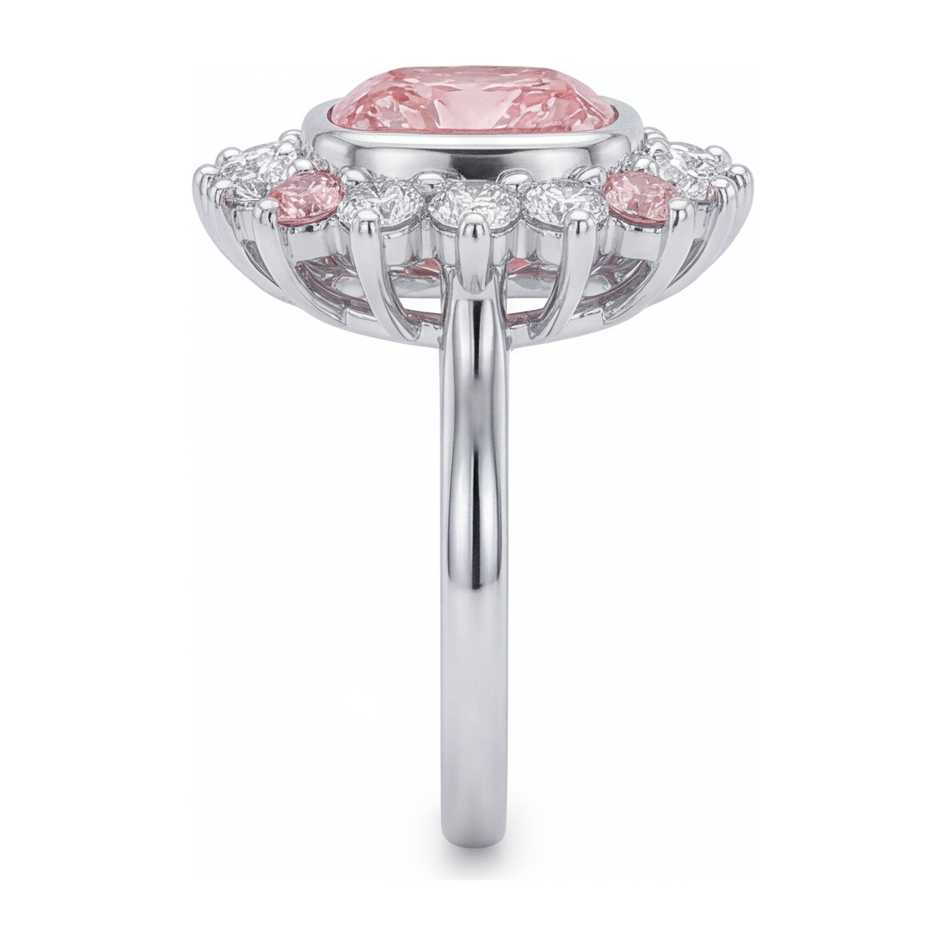 5.5 Carat Cushion Pink Lab Grown Diamond and White Diamond Halo Ring 14K White Gold