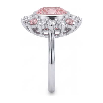 5.5 Carat Cushion Pink Lab Grown Diamond and White Diamond Halo Ring 14K White Gold