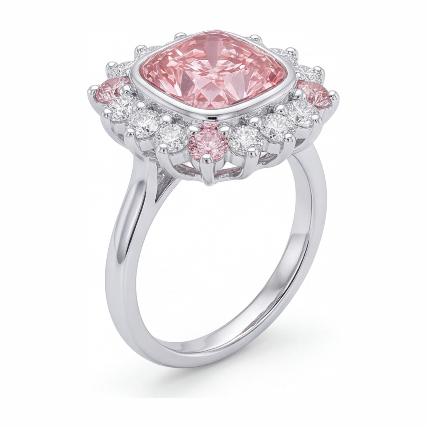 5.5 Carat Cushion Pink Lab Grown Diamond and White Diamond Halo Ring 14K White Gold