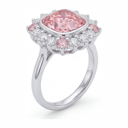 5.5 Carat Cushion Pink Lab Grown Diamond and White Diamond Halo Ring 14K White Gold