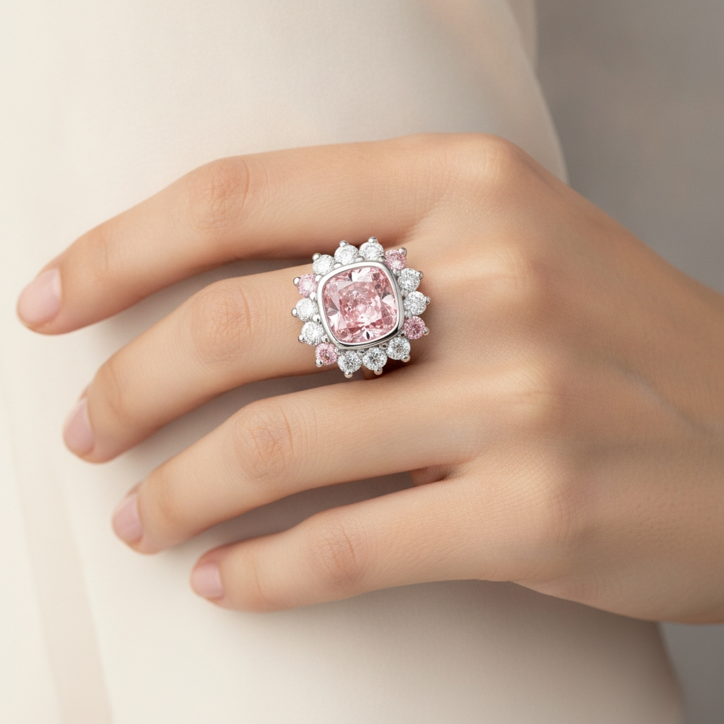 5.5 Carat Cushion Pink Lab Grown Diamond and White Diamond Halo Ring 14K White Gold worn