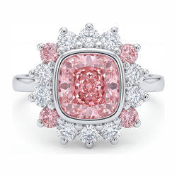 5.5 Carat Cushion Pink Lab Grown Diamond and White Diamond Halo Ring 14K White Gold