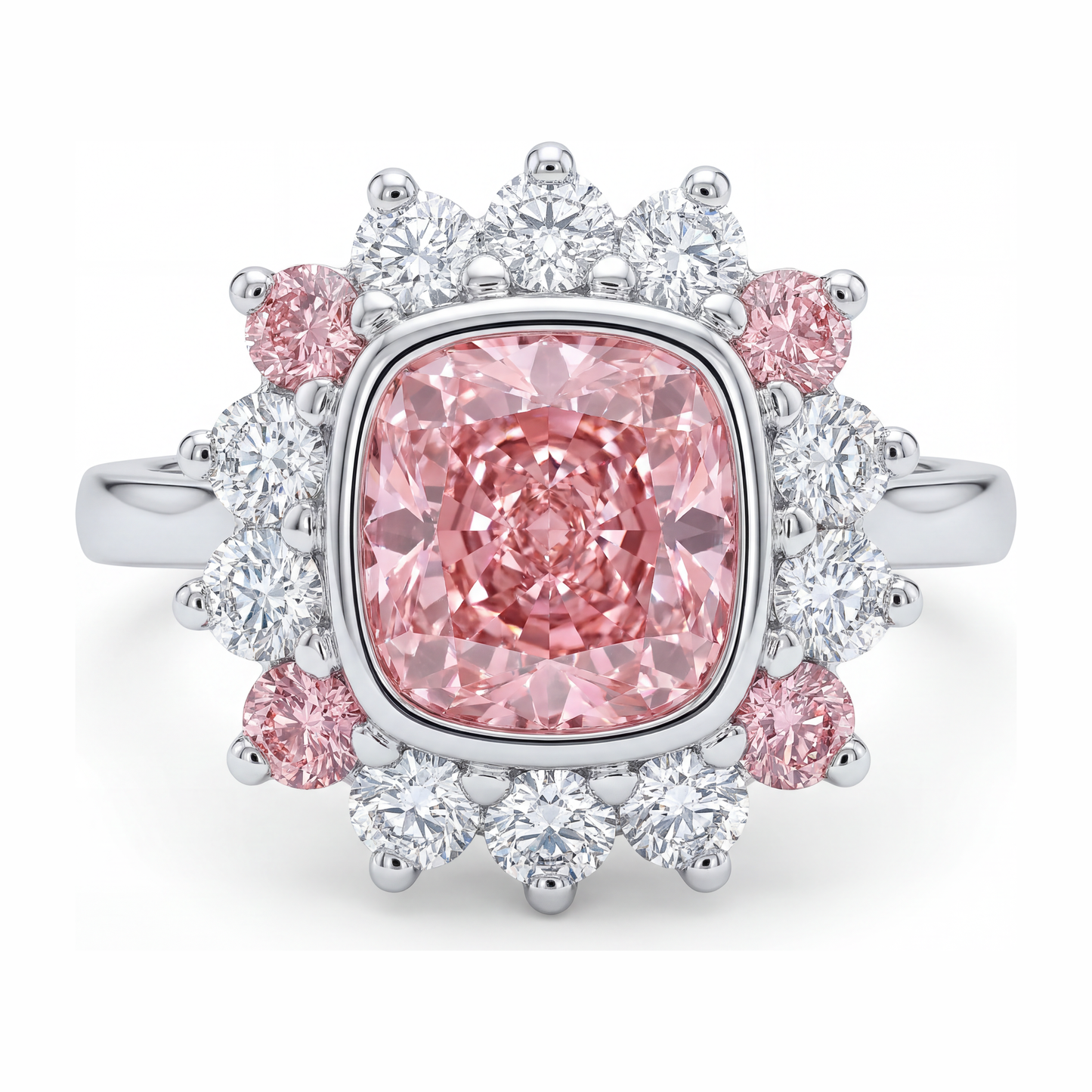 5.5 Carat Cushion Pink Lab Grown Diamond and White Diamond Halo Ring 14K White Gold