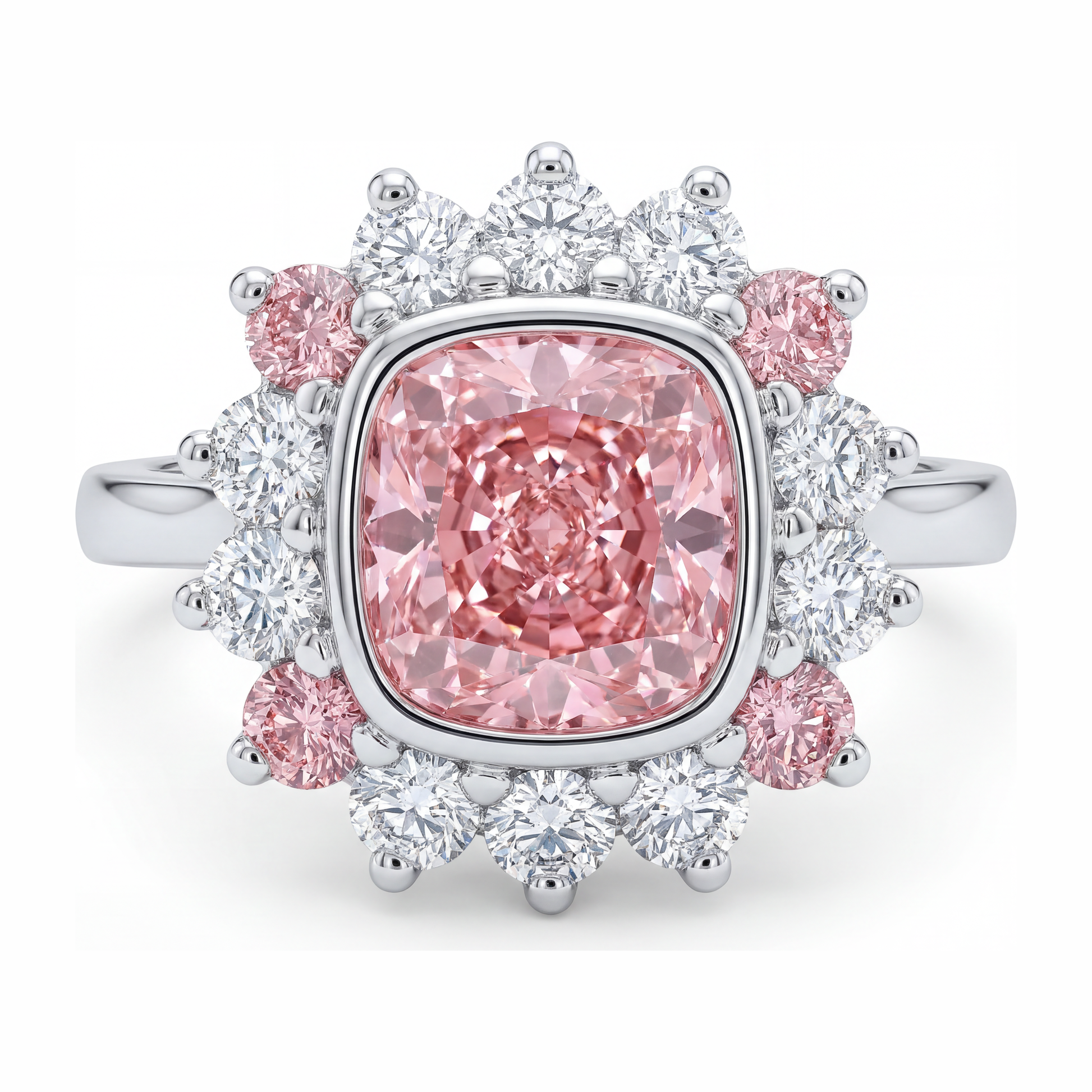 5.5 Carat Cushion Pink Lab Grown Diamond and White Diamond Halo Ring 14K White Gold