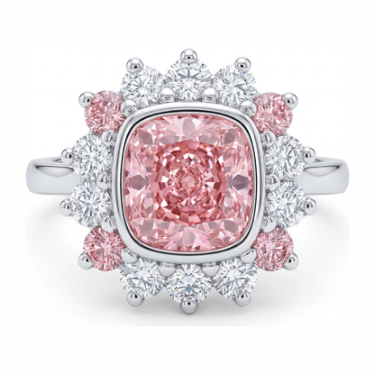 5.5 Carat Cushion Pink Lab Grown Diamond and White Diamond Halo Ring 14K White Gold
