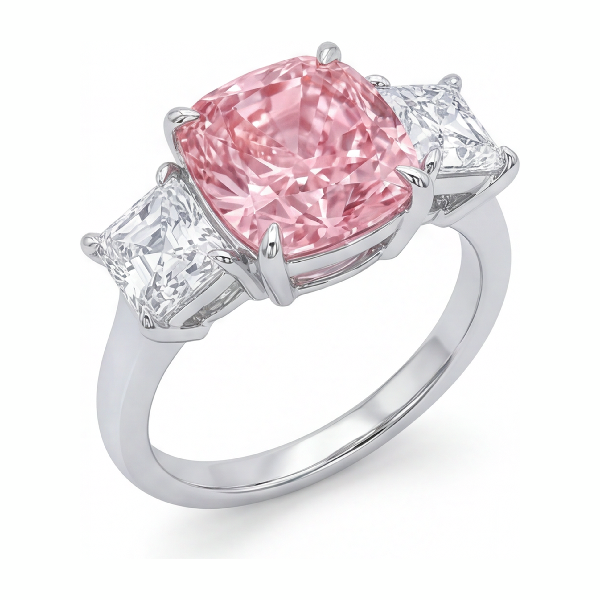 5.5 Carat Cushion Pink Lab Grown Diamond and White Diamond Three Stone Ring 14K White Gold
