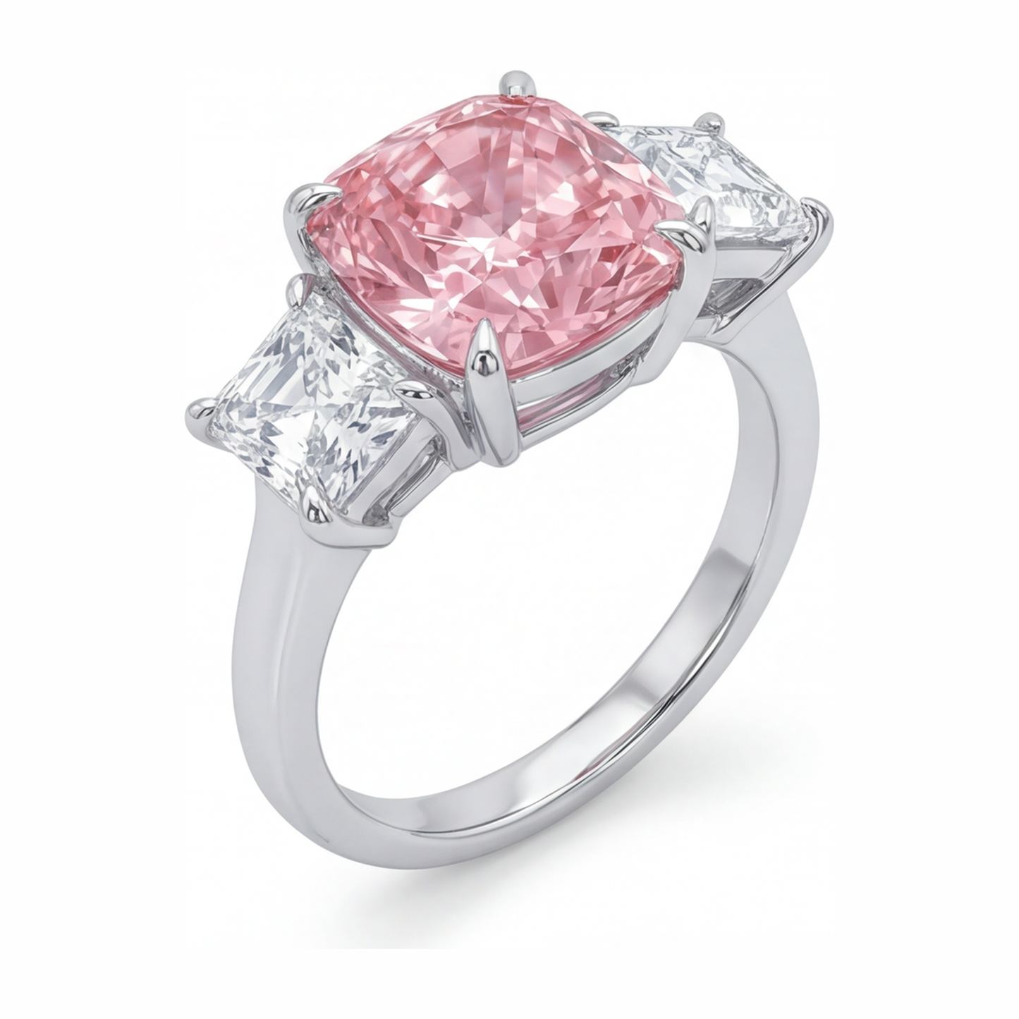 5.5 Carat Cushion Pink Lab Grown Diamond and White Diamond Three Stone Ring 14K White Gold