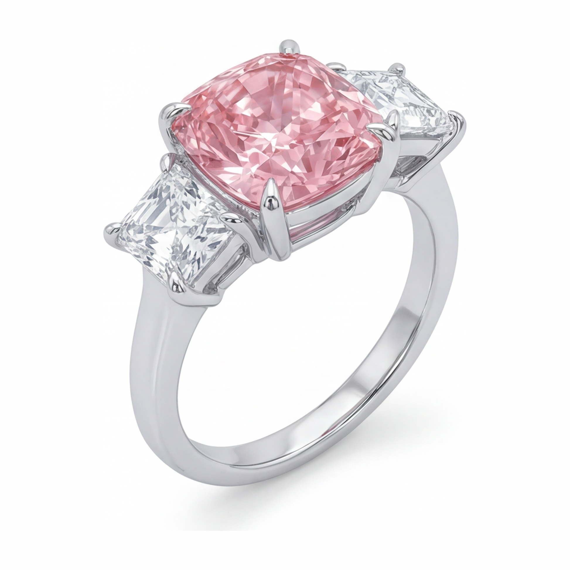 5.5 Carat Cushion Pink Lab Grown Diamond and White Diamond Three Stone Ring 14K White Gold