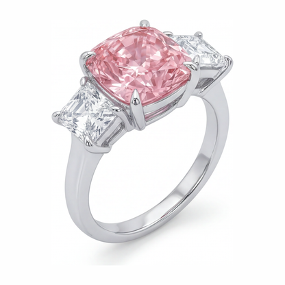 5.5 Carat Cushion Pink Lab Grown Diamond and White Diamond Three Stone Ring 14K White Gold
